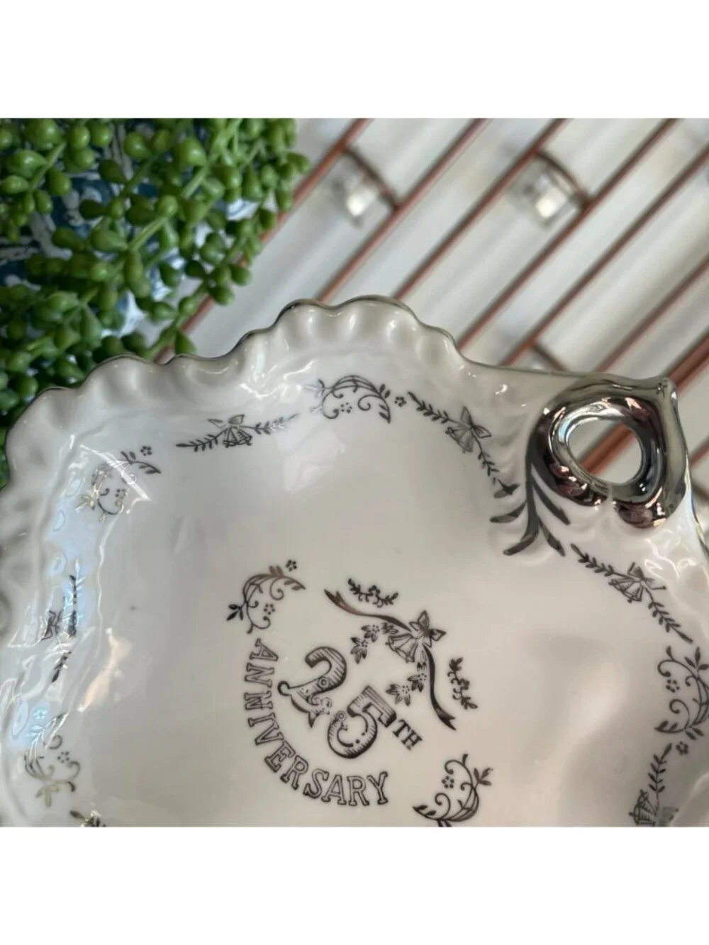 Vintage 25th Anniversary Decorative Porcelain China Bowl Hand Painted Silver